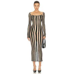LaQuan Smith Boat Neck Striped Mid Length Gown Nude Black